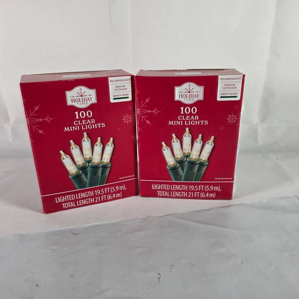 2 Pack Holiday Time 100 Clear Mini Lights Boxed Green Wire Indoor Outdoor 21 FT